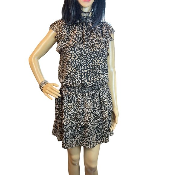 (5for $25) 1.STATE Smocked-Neck Leopard-Print Mini Dress Size Small - Picture 1 of 12
